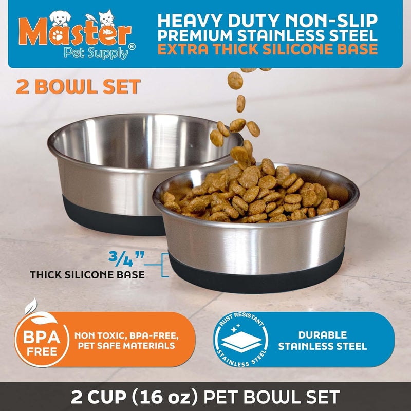 Master Pet Supply Stainless Steel Dog Bowls Set of 2 with Extra Thick Silicone Base - 2 Cup (16 oz) Black Velvet, Non-Slip, Dishwasher Safe Metal Bowls, Pet Dog Food Bowl for Dogs, Cats, Anti Rust - Image 2